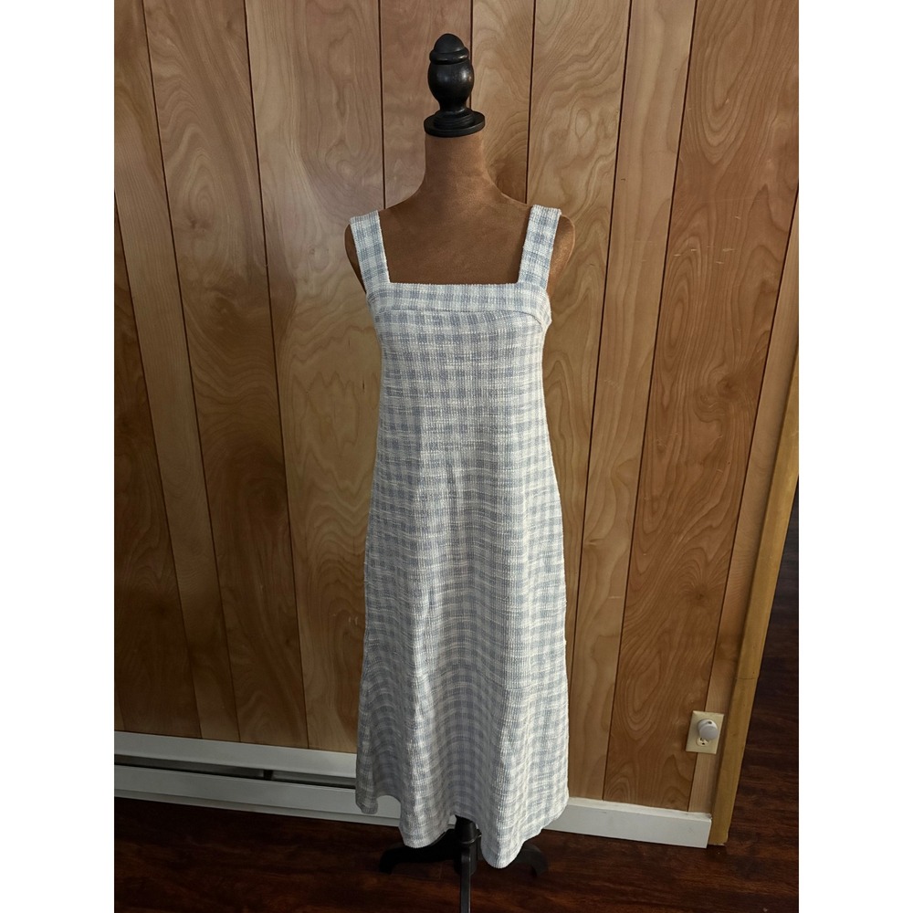 Marfinno Blue White‎ Plaid Textured Sleeveless Midi Dress Square Neck Size XS